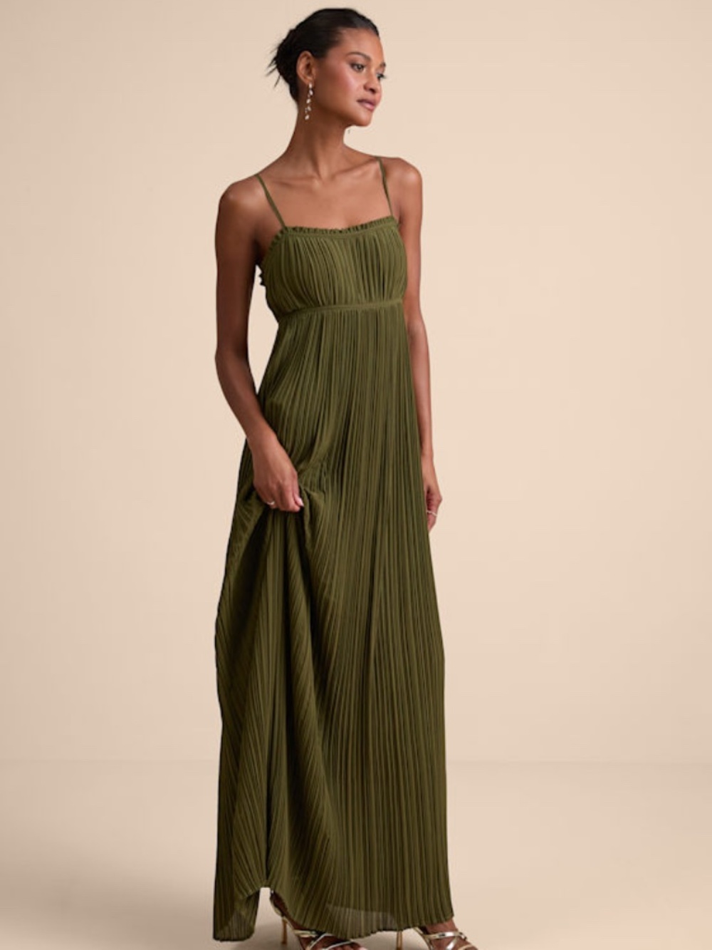Lulus Delina Olive Plisse Chiffon Tie-back Maxi Dress Green - Size S